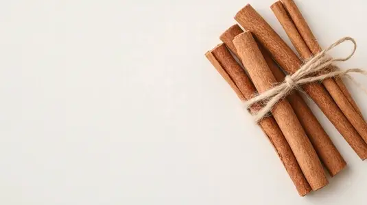 Bundle of cinnamon sticks tied with twine on light background