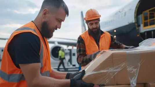 Baggage handlers loading cargo onto airplane with focus and teamwork