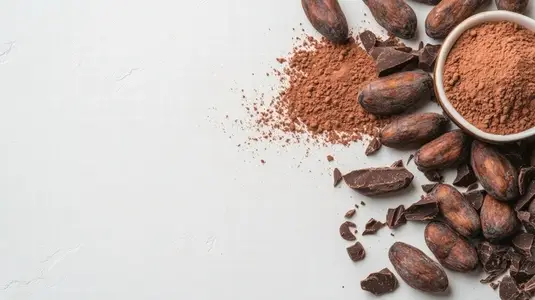 Cocoa beans and powder on white background with chocolate pieces