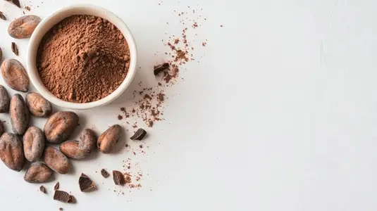 Cocoa beans and powder on white background  minimalist composition