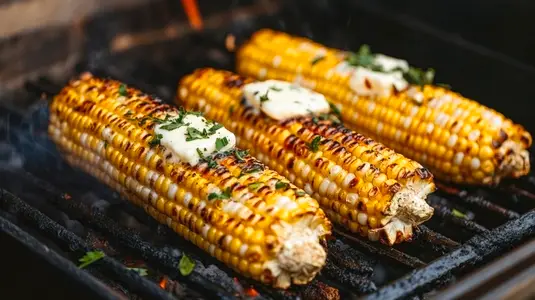 Grilled corn on cob with butter and herbs on barbecue