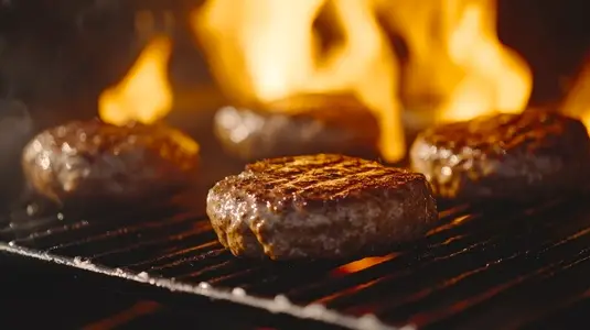 Juicy burgers grilling over open flames  sizzling with flavor