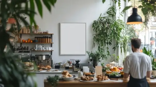cozy cafe interior with blank white poster frame on wall