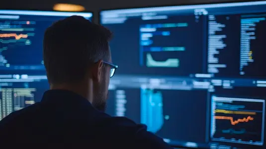 Cybersecurity expert analyzing data on multiple screens