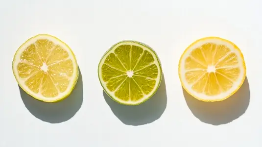 Slices of fresh lemon and lime arranged in row Slices of fresh lemon and lime arranged in row