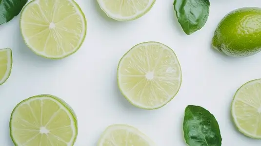 Slices of fresh lime and green leaves on white background Slices of fresh lime and green leaves on white background