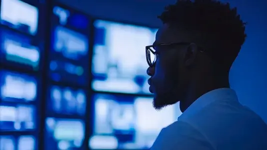 security guard attentively monitors multiple surveillance screens