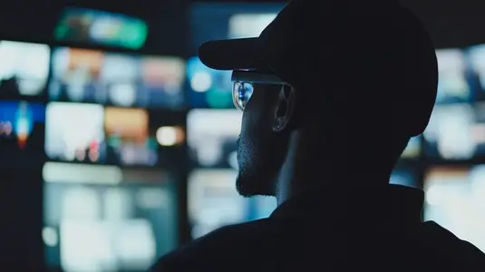 security guard monitors multiple surveillance screens attentively