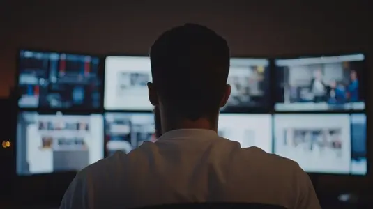 Security guard monitoring multiple screens in dimly lit room
