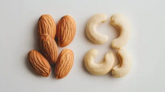 Almonds and cashews arranged on minimalist white background