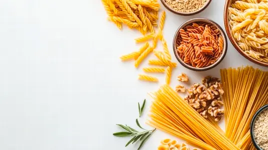 variety of dried pasta and ingredients are neatly arranged on white background