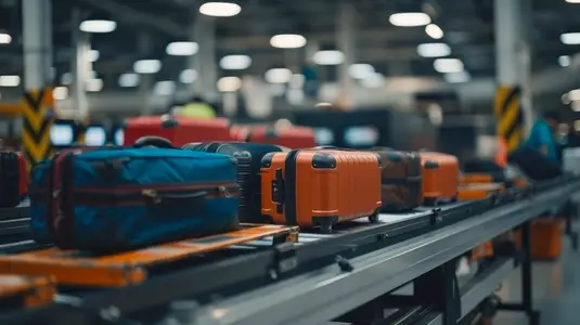 Luggage on conveyor belt in busy airport terminal