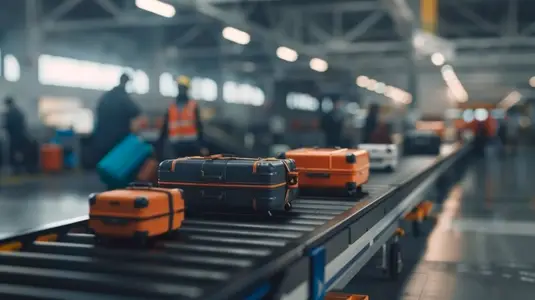Luggage on conveyor belt in busy airport terminal