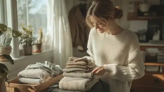 Woman packing suitcase with cozy sweaters in sunlit room
