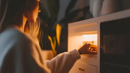 woman places items in home safe  illuminated by warm light
