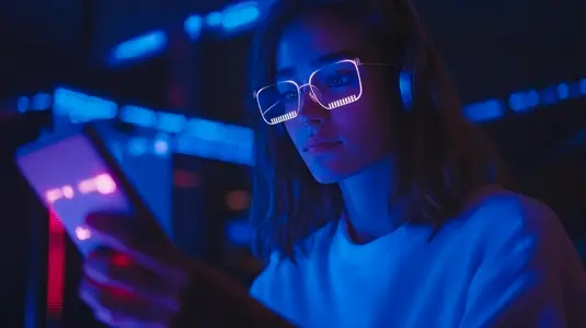 Young woman with glowing glasses using smartphone in dark room