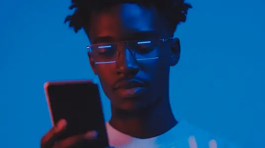 Young man using smartphone with facial recognition in blue light