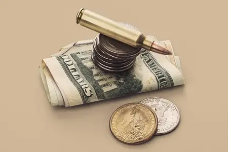 US Defense Spending bullet cartridge and coins