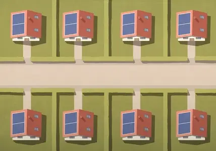 View from above repetitive houses with solar panels