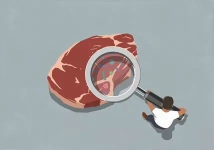 Man holding large magnifying glass over raw steak meat
