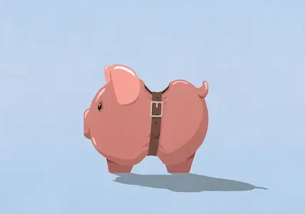 Belt tightening belly of piggy bank on blue background