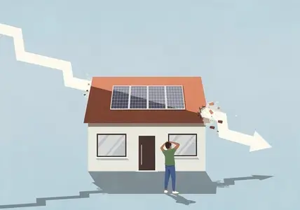 Surprised man watching descending arrow crashing through house with solar panel