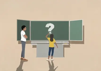 Teacher with arms crossed watching schoolgirl draw large question mark