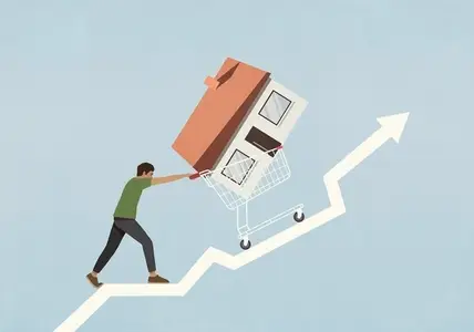 Man pushing house in shopping cart up ascending arrow