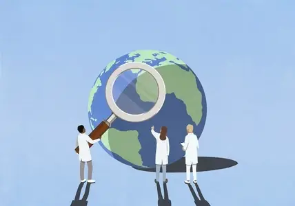 Scientists with large magnifying glass examining