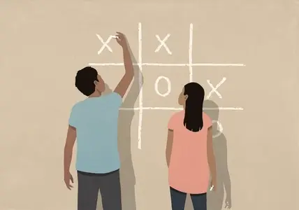 Couple playing tic tac toe on beige background