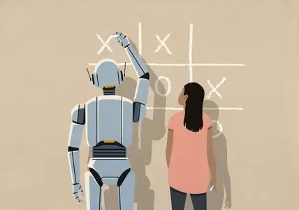 Woman playing tic tac toe with AI robot on beige background