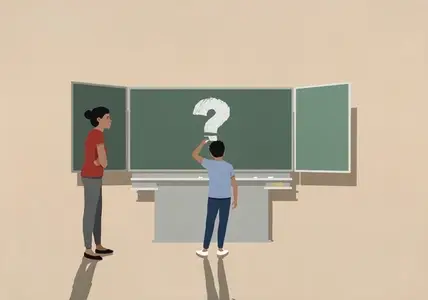 Teacher watching schoolboy drawing question mark