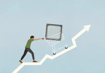 Man pushing large semiconductor in shopping cart