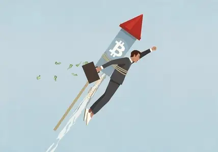 Ascending Bitcoin rocket strapped to back of excited businessman investor