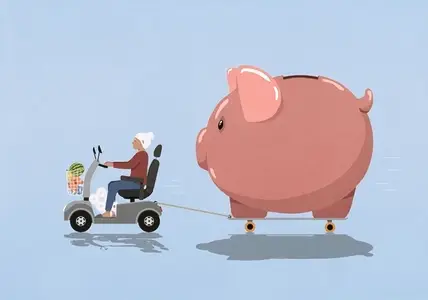 Senior woman in electric scooter pulling large piggy bank on skateboard