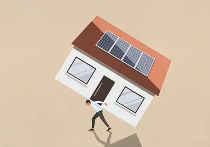 Man carrying large heavy house with solar panels on back