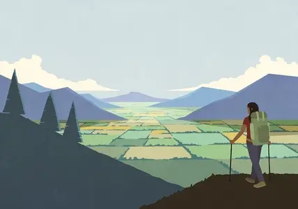 Woman backpacking enjoying scenic rural landscape view of mountain valley