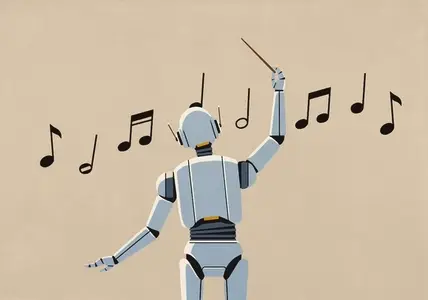 AI robot conducting music notes on beige background