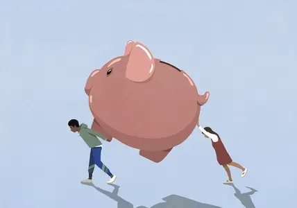 Young couple carrying large piggy bank