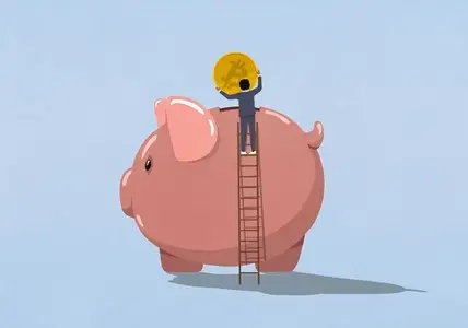 Businessman on ladder depositing Bitcoin into large piggy bank