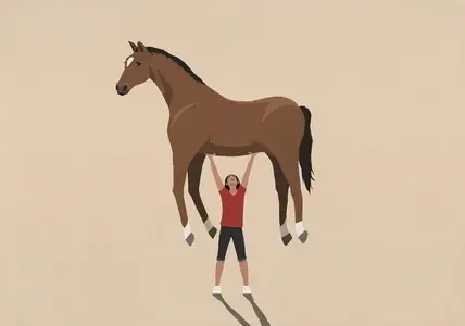 Woman holding large horse overhead on beige background