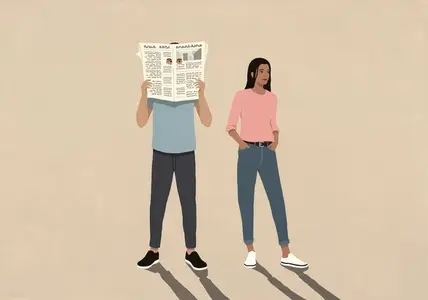 Woman standing next to man peeking through holes of newspaper