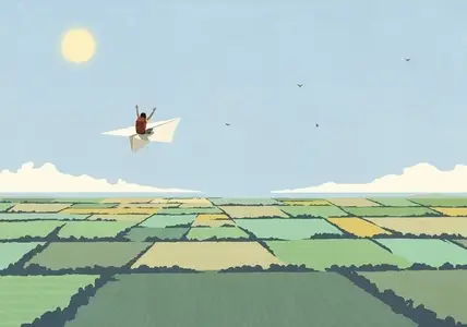 Carefree woman with backpack flying on paper airplane over sunny