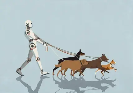 Humanoid robot walking dogs on leashes against blue background