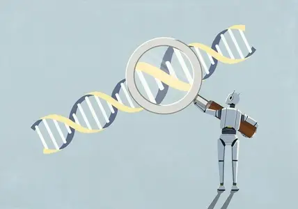 Humanoid robot holding magnifying glass over double helix DNA