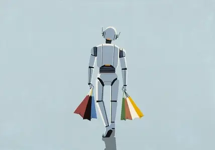 Humanoid robot walking with shopping bags on blue background