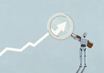 Humanoid robot with magnifying glass examining ascending data arrow