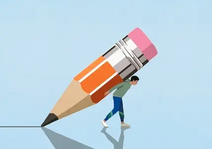 Man carrying large pencil nub on back