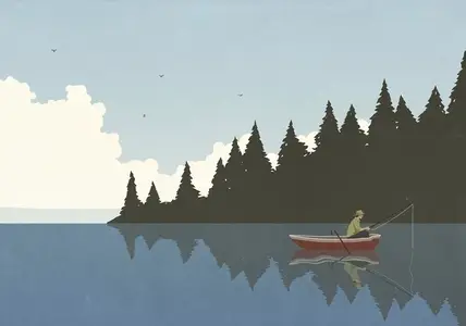 Man fishing in boat on placid