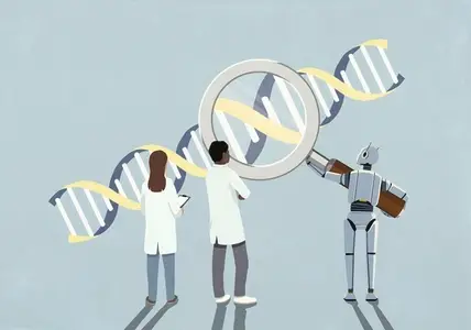 Scientists and humanoid robot examining DNA double helix